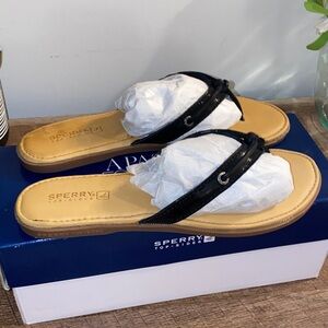 Sperry Top-Sider Calla Black and Tan Leather Sandals Flip Flops Size 6.5